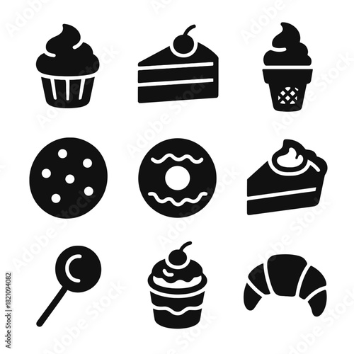 Set of dessert icons: cupcake, cake, ice cream, cookie, donut, pie, lollipop, and croissant silhouettes