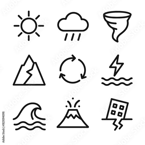 Icons depicting various weather and natural disaster phenomena in simple black outline design