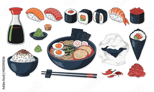 Japanese Food Sticker Set Vector Illustration. Assorted Sushi, Ramen Noodle Bowl, Soy Sauce, Rice, Shrimp, and Condiments. Hand Drawn Cuisine Icons Isolated on White Background for Menu Design