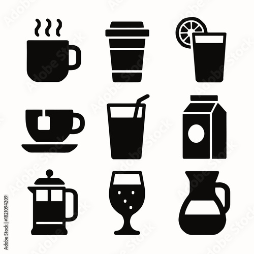 Various drink icons: coffee, tea, juice, milk, wine, french press, pitcher silhouettes