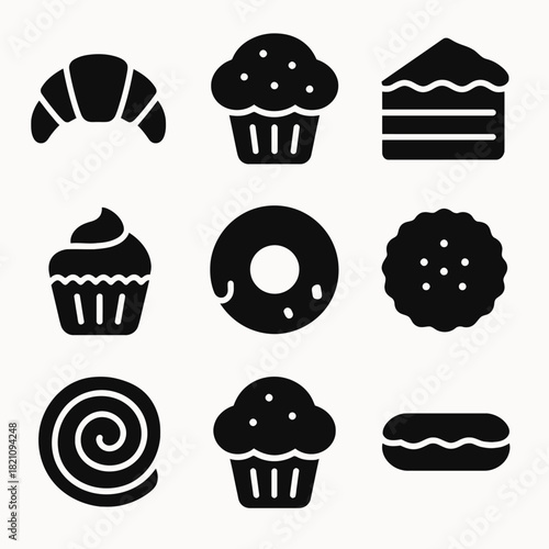 Assorted pastry icons set: croissant, cupcake, donut, cake, cookie, eclair