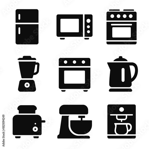 Set of nine black kitchen appliance icons including oven and blender
