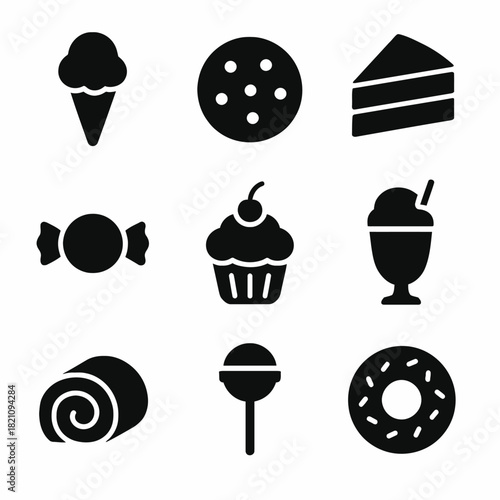 Silhouette icons of various delicious desserts and sweets