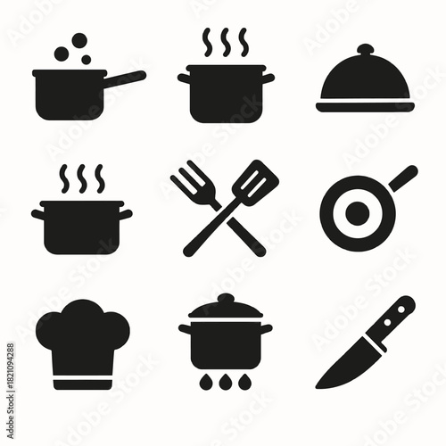 Set of black cooking icons featuring utensils and cookware silhouettes