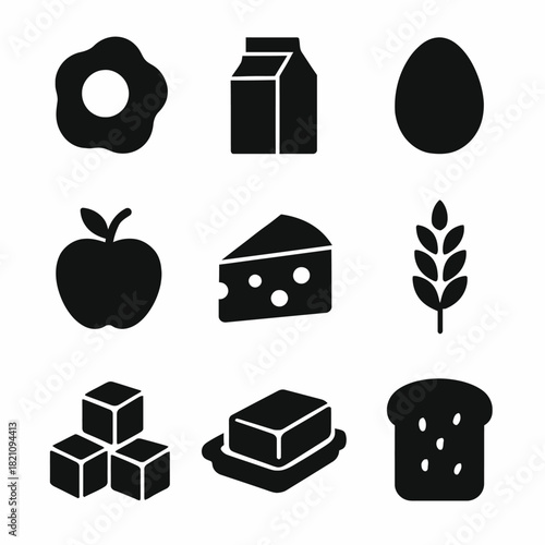 Assorted food icons set: milk, egg, apple, cheese, wheat, sugar, butter, bread
