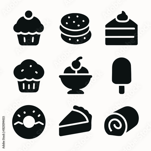 Assorted dessert icons: cupcake, cookie, cake, ice cream, popsicle, donut, pie, swiss roll