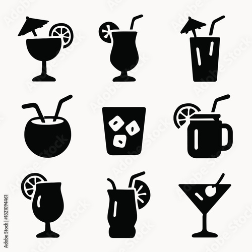 Set of nine silhouette cocktail icons with garnishes and straws