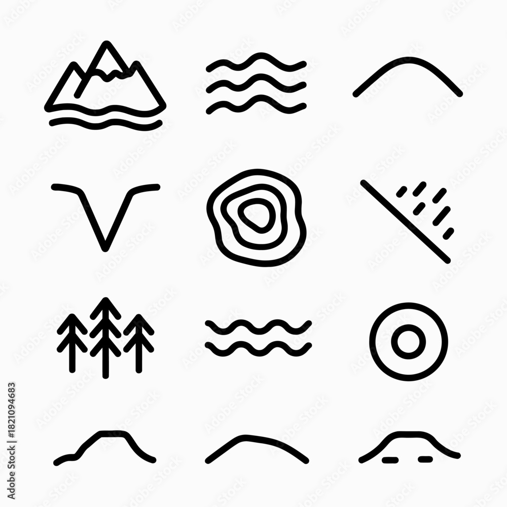 Fototapeta premium Minimalist line icons of nature elements featuring trees, water, and mountains