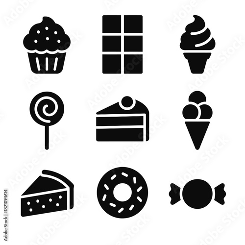 Silhouette icons of sweets: cupcake, chocolate, ice cream, and candy symbols