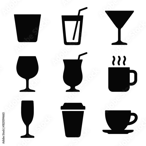 Set of drink icons: glasses, cups, and mugs in black silhouette