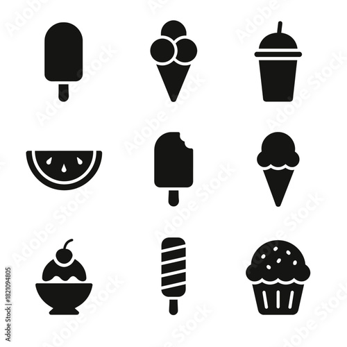 Set of nine monochrome icons of ice cream, popsicles, and desserts