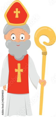 Cartoon illustration of Saint Nicholas character isolated on white background. Flat vector illustration for winter season.