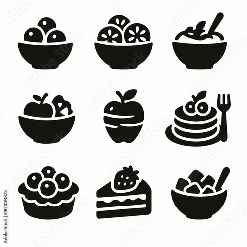 Set of black silhouette icons of fruits and desserts in bowls