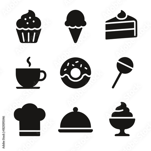Black icons of desserts and culinary elements including cupcake, ice cream, and chef hat