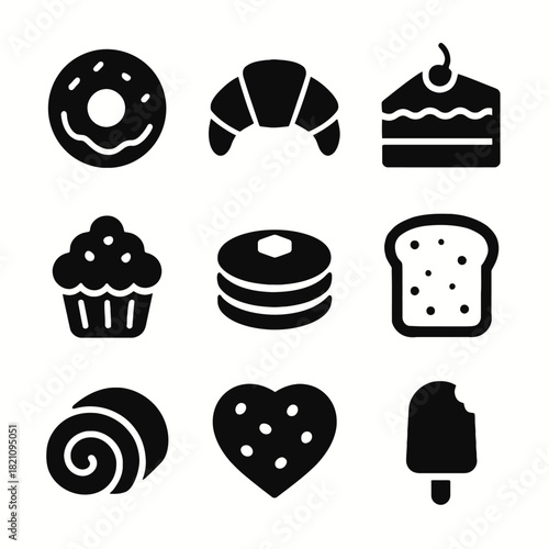 Assorted black icons of sweet pastries and desserts on white background