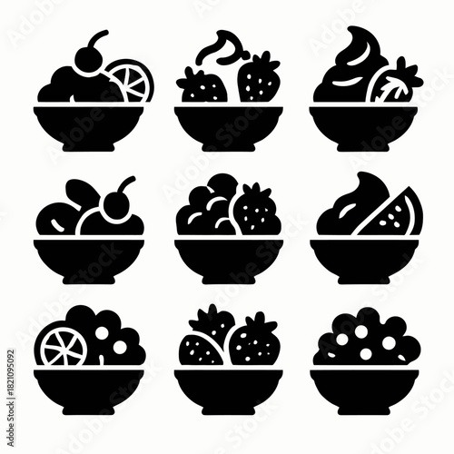 Icon set of nine dessert bowls with fruit toppings