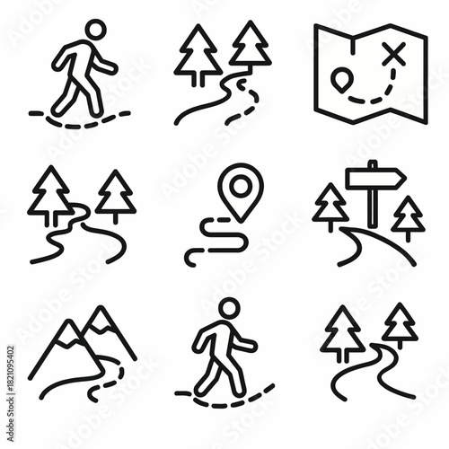 Hiking and navigation icons: trails, maps, and pathways in simple line art