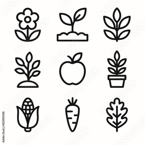 Black outline icons of flowers, plants, and vegetables in a grid layout