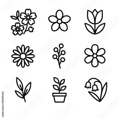 Collection of nine simple floral outline icons on white background