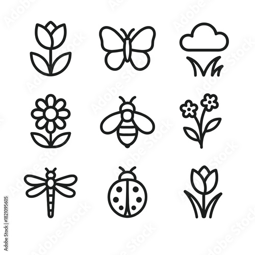 Black and white nature icons: flowers, butterfly, cloud, grass, dragonfly, bee, ladybug