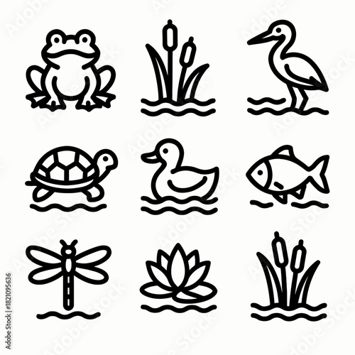 Set of line art pond animal and plant icons including frog, heron, turtle, fish