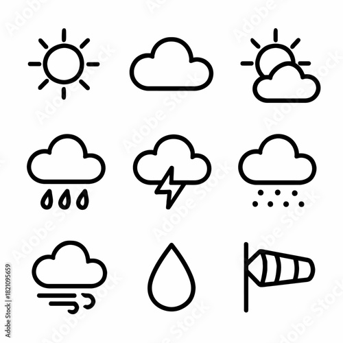 Weather icons set: sun, cloud, rain, thunder, snow, wind