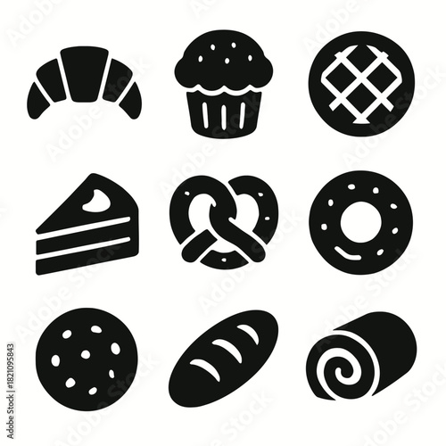 Silhouette icons of pastries and baked goods: croissant, muffin, pie, cake, pretzel, donut, cookie, bread, swiss roll