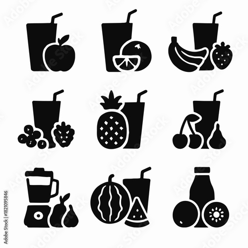Assorted silhouette fruit juice icons: apple, orange, banana, strawberry, pineapple, cherry