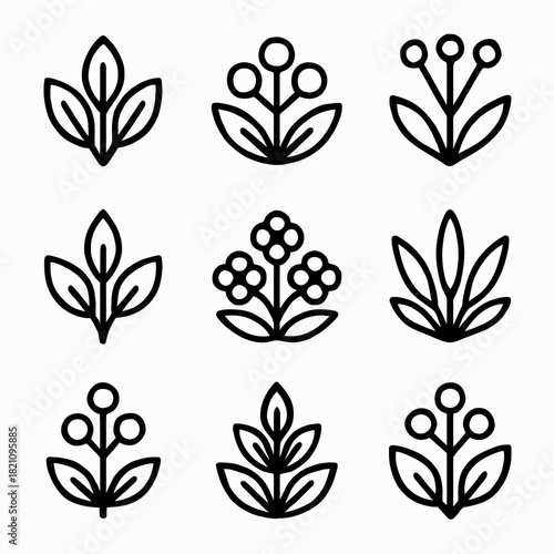 Collection of nine nature-inspired plant icons in simple black and white line art style