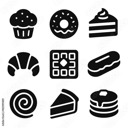 Assorted bakery icons: cupcake, donut, cake, croissant, waffle, éclair, roll, pie, pancakes