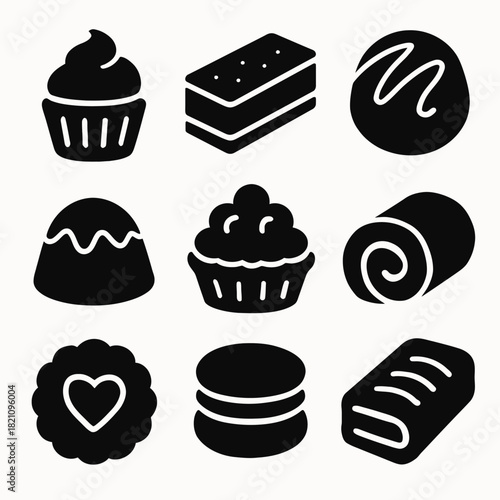 Collection of dessert icons: cupcake, swiss roll, cookie, macaron, chocolate truffle, cake