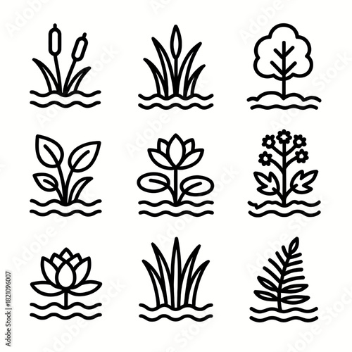 Set of black and white plant icons with aquatic themes