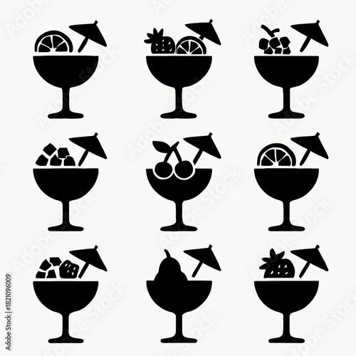 Summer fruit cocktails silhouette set with garnishes and umbrellas