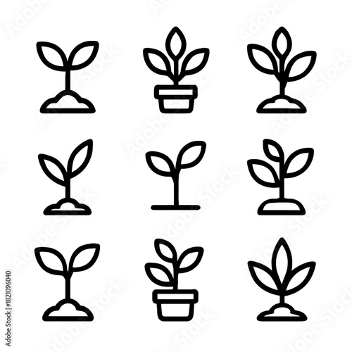 Collection of plant icons in black and white featuring seedlings and potted plants