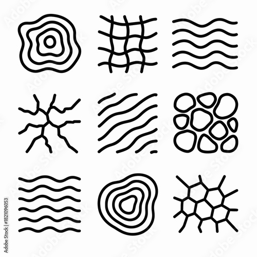 Set of nine hand-drawn abstract patterns in black line art