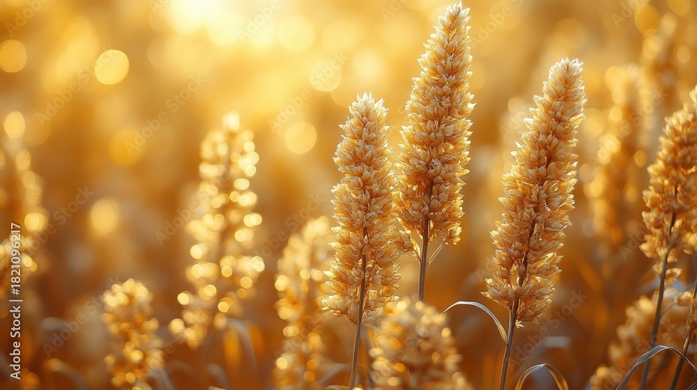 Obraz premium Close-up shot of golden wheat stalks during autumn, showcasing the rich hues of the harvest season. Warm tones and intricate detail of the plant structure.