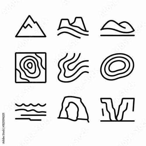 Geographic outline icons: mountains, valleys, hills, contours, and canyons