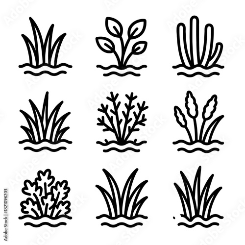 Set of nine plant icons on white background
