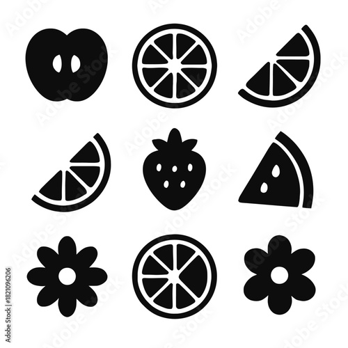 Silhouette icons of fruit slices and flowers in black on white background