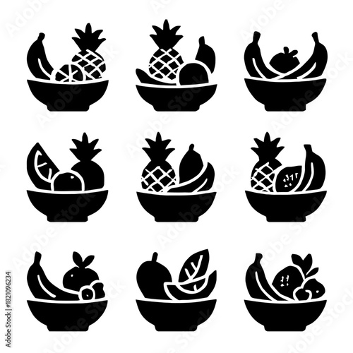 Silhouette of fruit bowls with diverse arrangements of bananas, pineapples, and berries