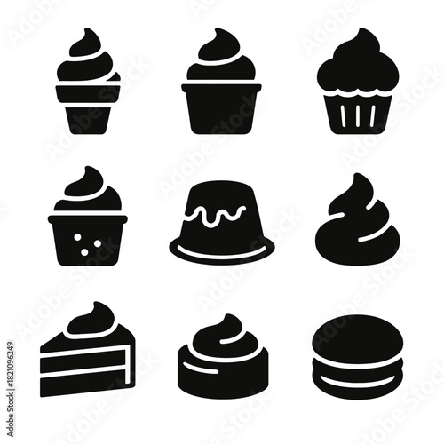Variety of dessert silhouettes: cupcakes, cake, pudding, macaron