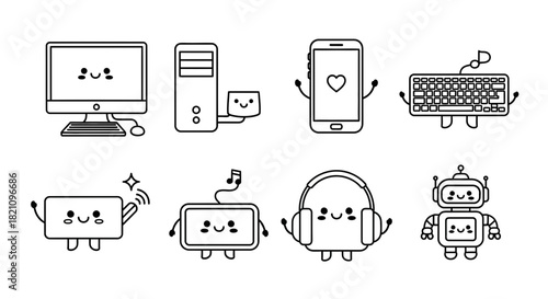 Cute cartoon technology devices featuring computer phone tablet robot and headphones