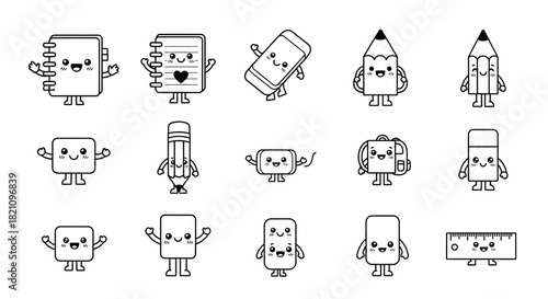 Cute cartoon school supplies characters including pencils erasers and notebooks vector art