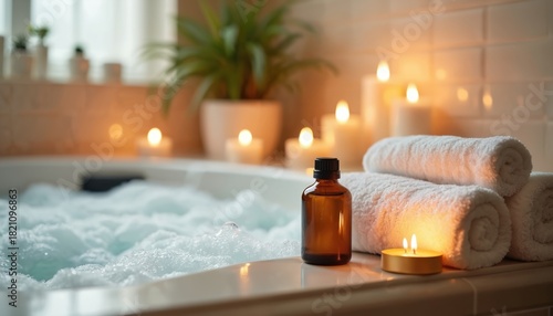 Bubble bath with aromatherapy oil, candles, and rolled towels. Serene bathroom setting offers pure relaxation and warm comfort. Enjoy peace and tranquility with this soothing spa experience at home.