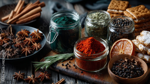 Fototapeta Naklejka Na Ścianę i Meble -  Traditional Christmas spices and cookies arranged as a top border over rustic wood background with cinnamon, star anise, speculoos and star biscuits and dried orange slices, large copyspace