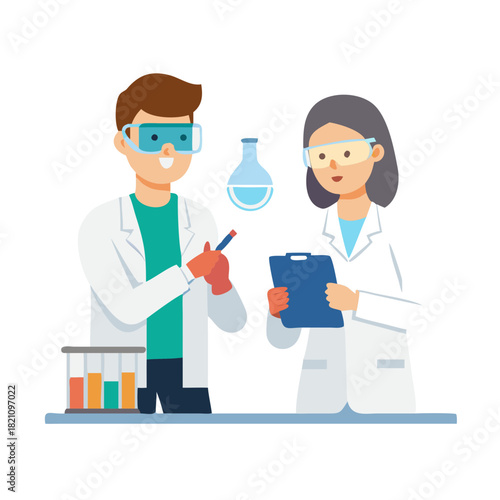 A male and a female researcher concentrate on their work in a laboratory, equipped with protective eyewear, emphasizing collaboration and scientific discovery in a hands-on environment. See Less