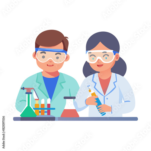 A male and a female researcher concentrate on their work in a laboratory, equipped with protective eyewear, emphasizing collaboration and scientific discovery in a hands-on environment. See Less