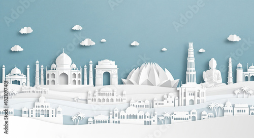 A stylized paper-cut art illustration of famous Indian landmarks set against a blue sky with white clouds. From left to right: Taj Mahal, India Gate, Lotus Temple, Qutub Minar.