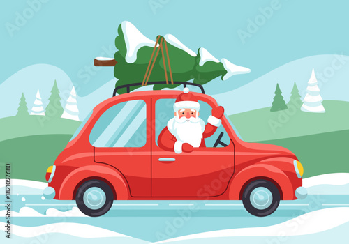Santa Claus driving red car with Christmas tree on snowy road