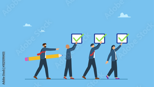 Diverse business people hold checklist and pencil to tick. Checklist or checkmark for task completion, survey or questionnaire, finish work or accomplishment, get thing done or tick the checkbox.
